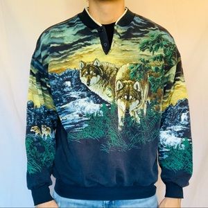 Vintage Wolf Allover Print 1/4 Button Sweatshirt